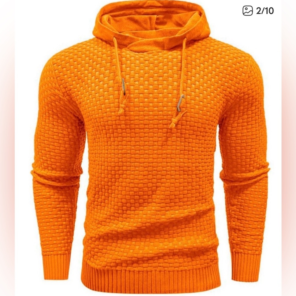 Men’s Orange Waffle Kint Pullover Hodded Long Sleeve Casual Sweatshirt M NWOT